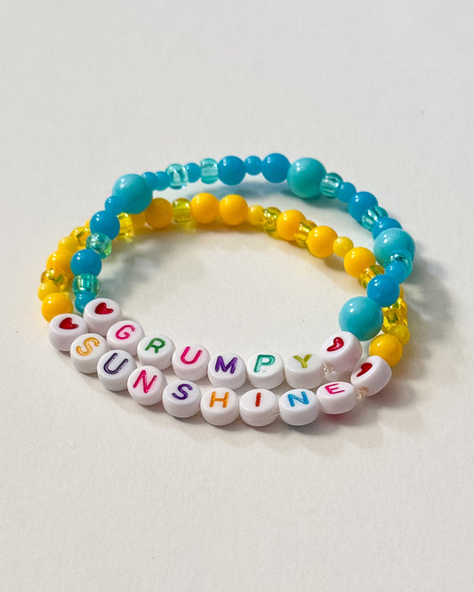 "Grumpy Sunshine" Blue and Yellow Beaded Friendship Bracelet Set